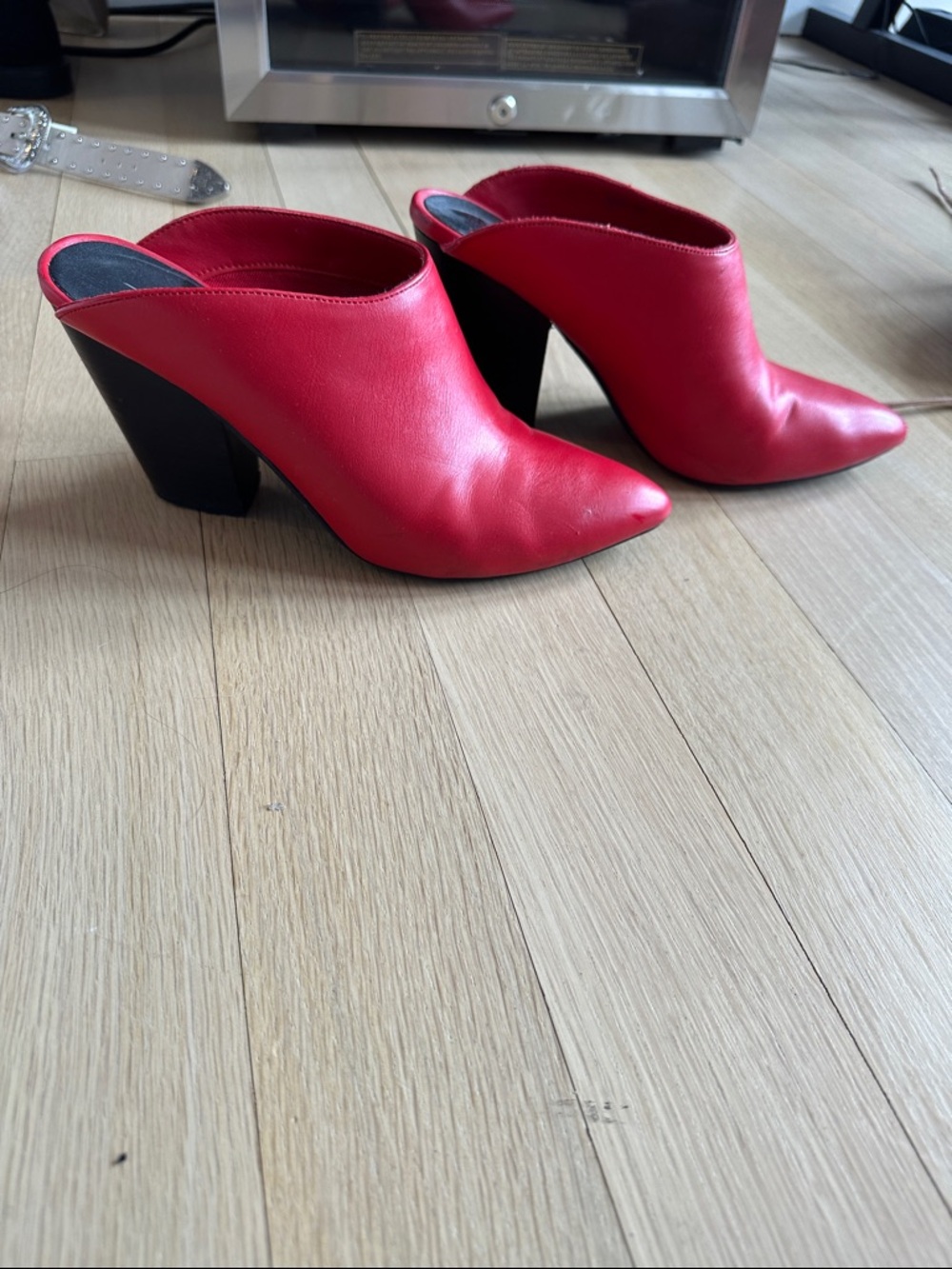 Report Red Leather Pointed Mule Heels with Black Block Heel